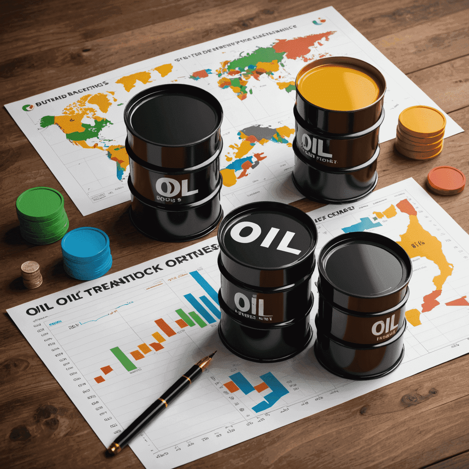 An infographic showing oil barrels, trading charts, and currency symbols, representing the basics of oil trading for beginners