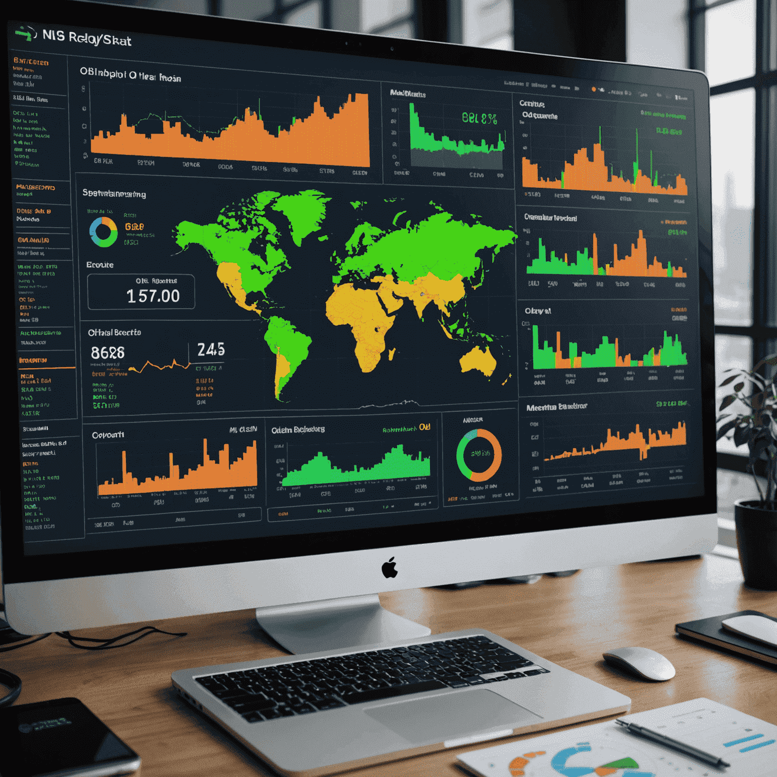 Oil trading risk management concept: A digital dashboard showing various risk metrics, price charts, and global oil supply chain map