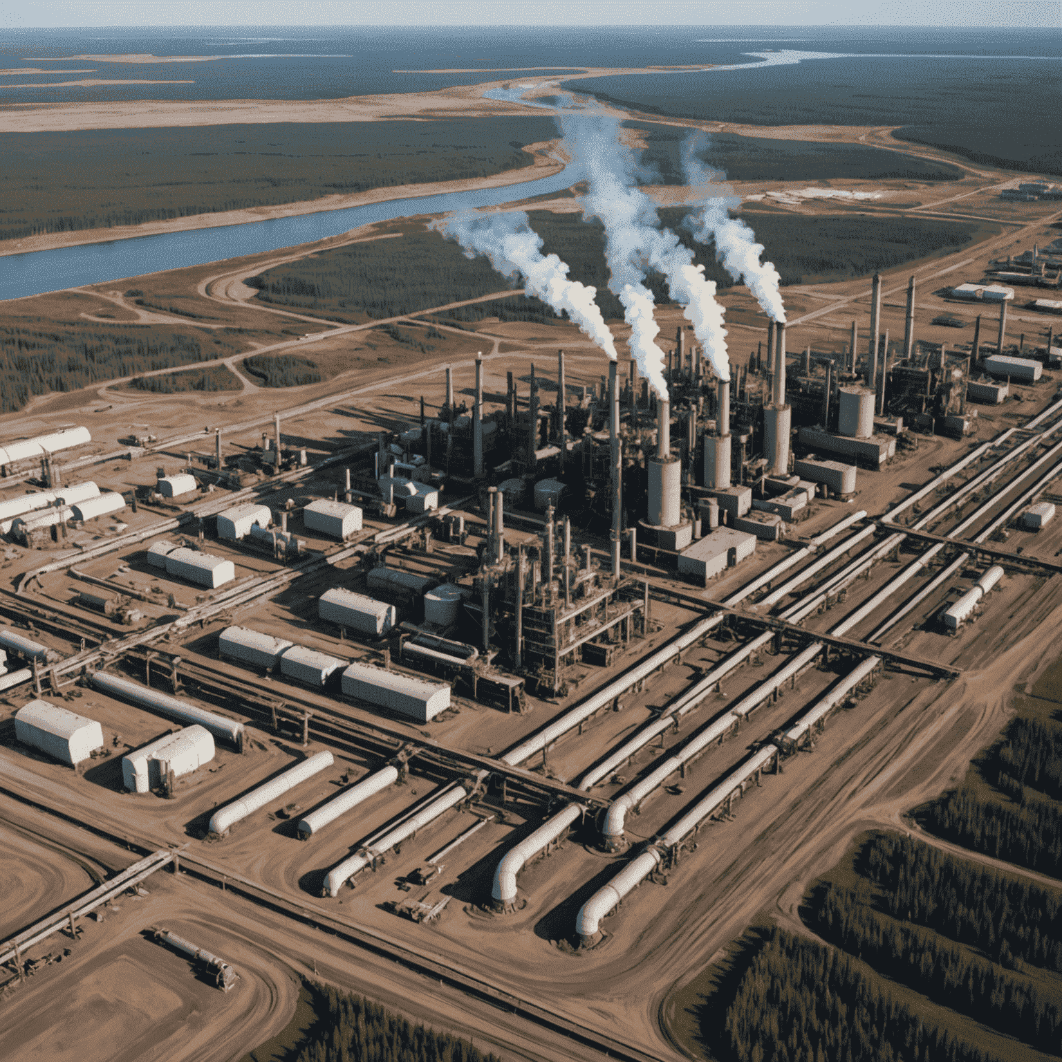 Aerial view of Canadian oil sands with extraction facilities and pipelines stretching across the landscape