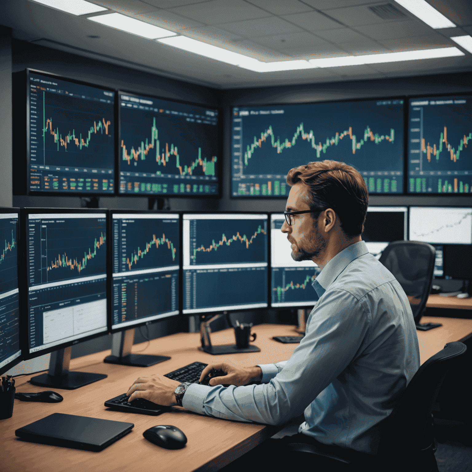 A professional oil trader analyzing market data on multiple screens in a modern Canadian office, with oil rig models and energy charts visible in the background