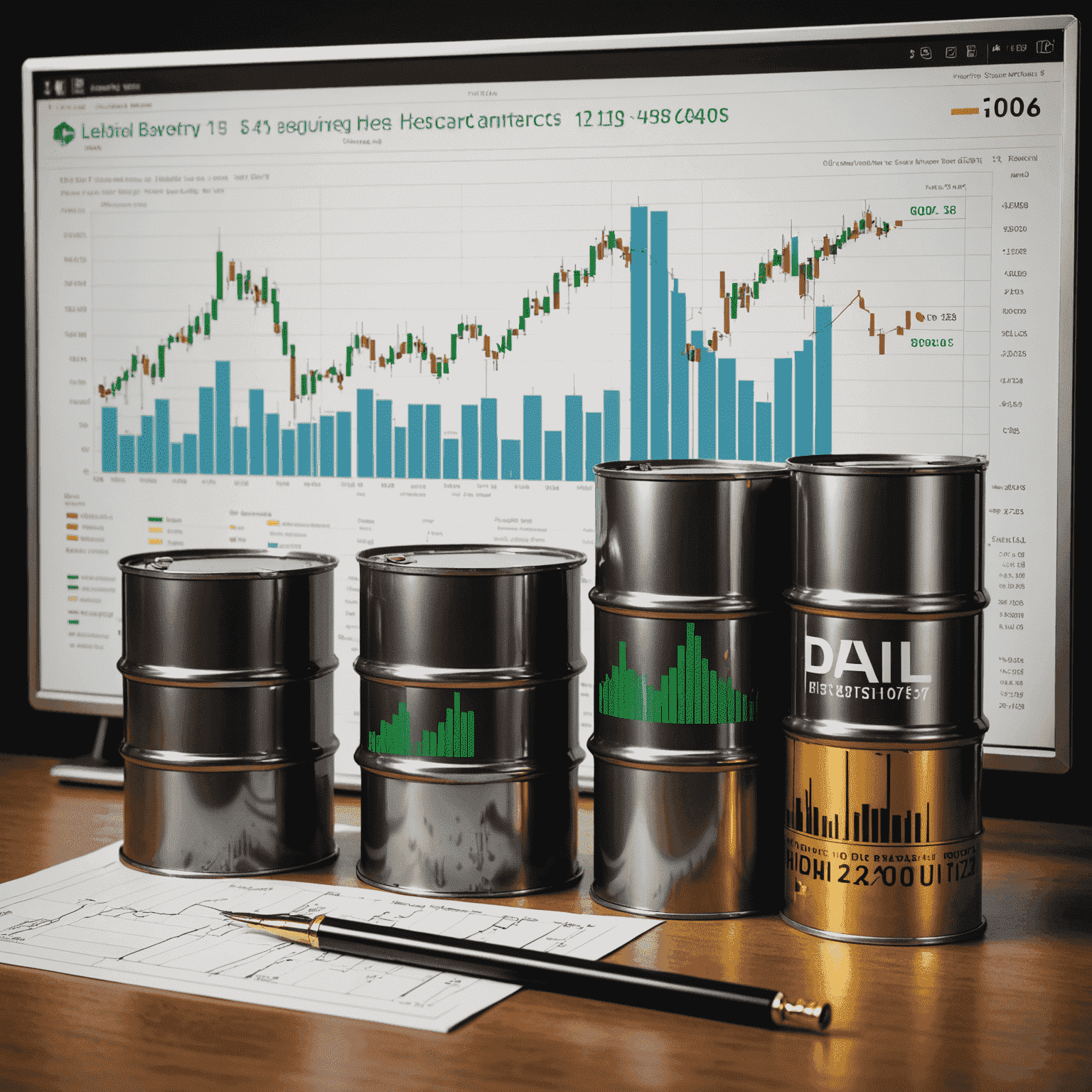 Illustration of hedging techniques: A split screen showing oil barrels on one side and financial charts with hedging instruments on the other