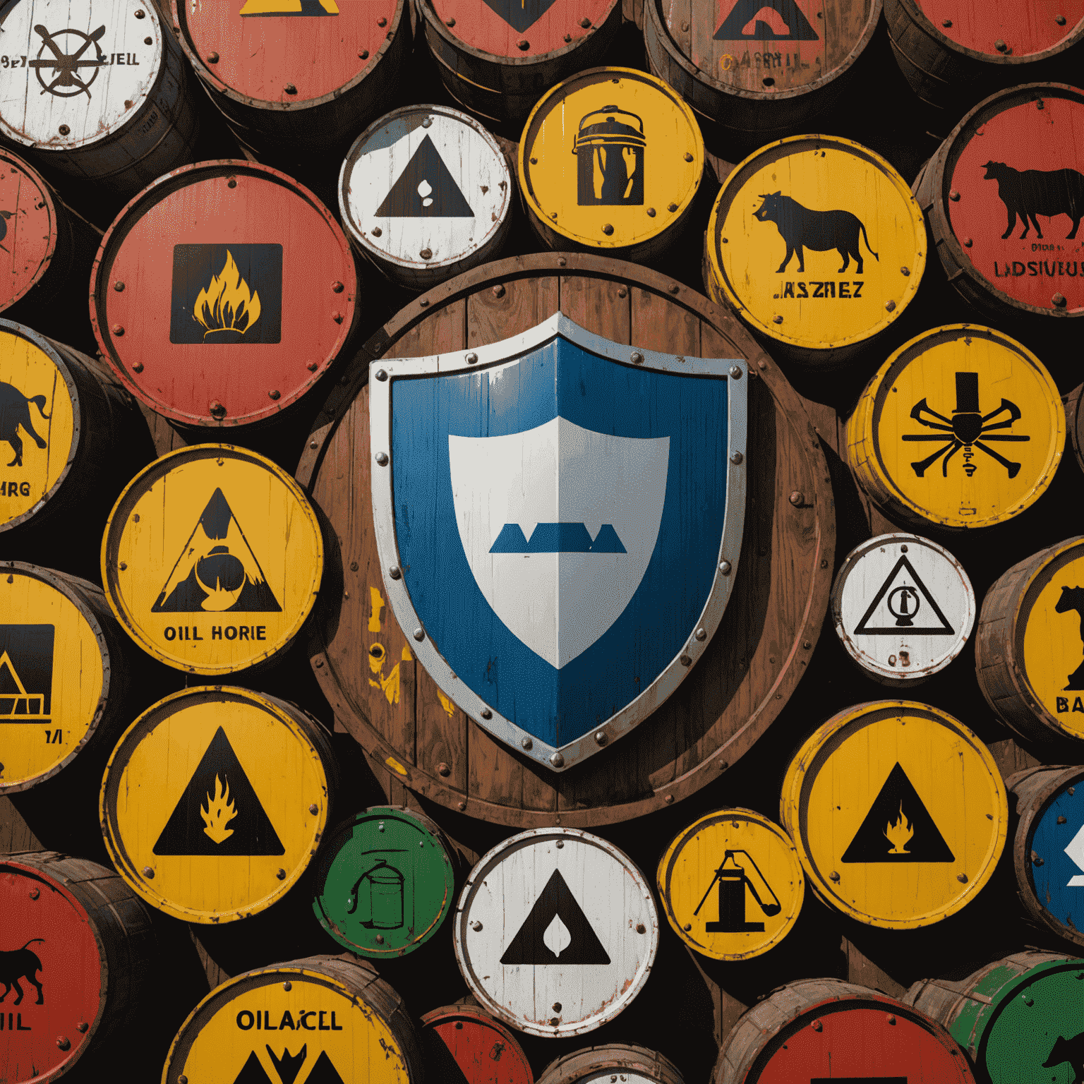 A conceptual image showing a shield protecting oil barrels from various hazard symbols, representing risk management in oil trading