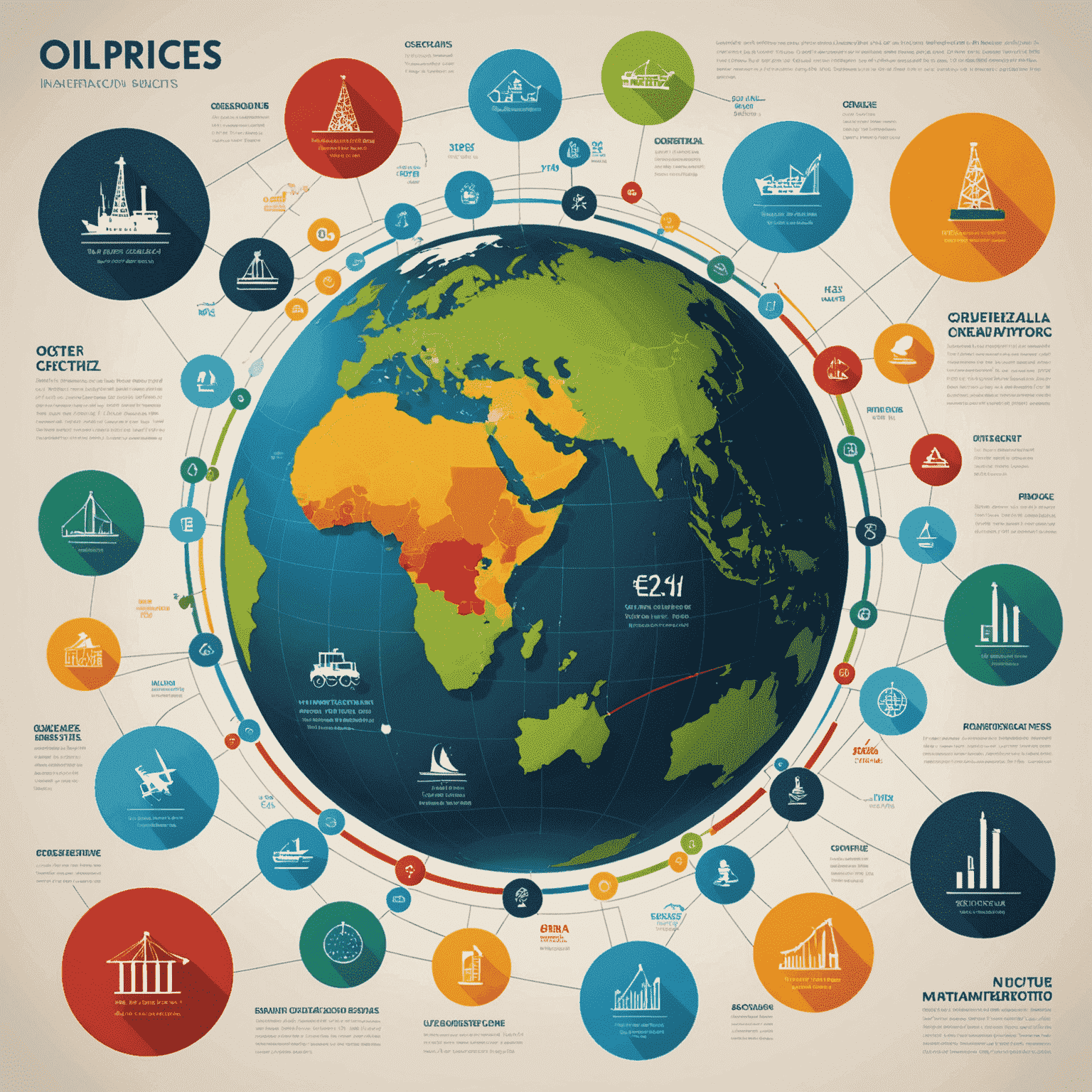 An infographic showing the interconnections between oil prices and various markets, including currencies, stocks, and alternative energy sources