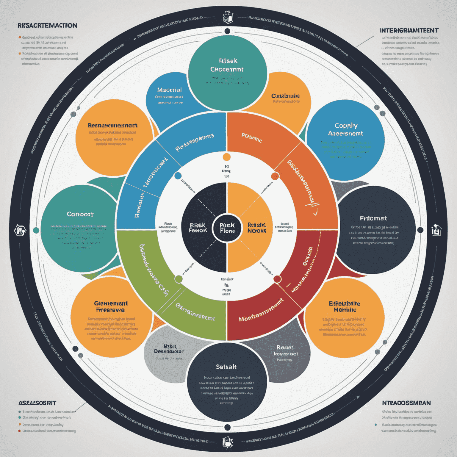 Risk management framework diagram: A circular flow chart showing interconnected elements of risk assessment, mitigation strategies, and performance monitoring