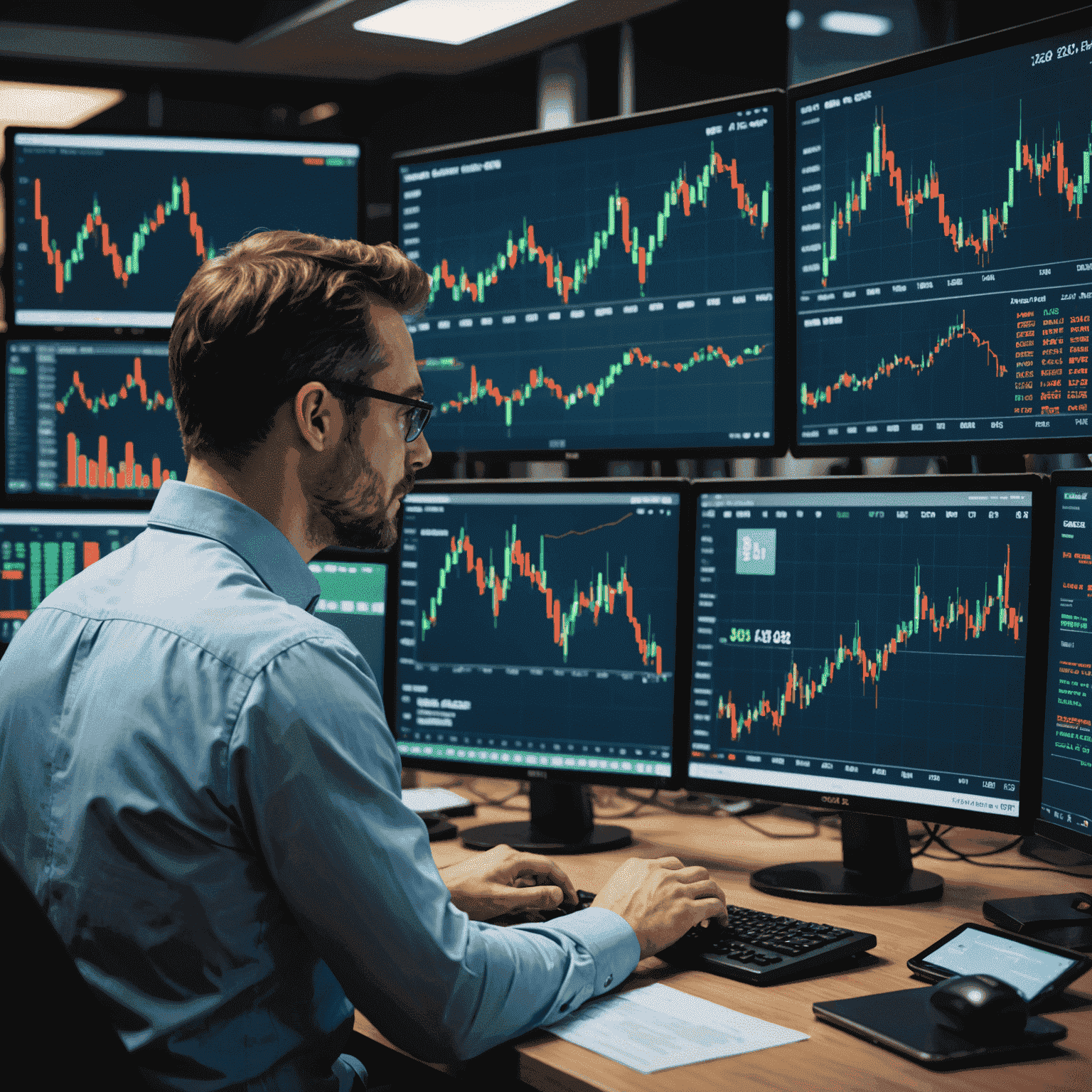 Trader analyzing multiple screens displaying oil price charts, stock tickers, and global market news